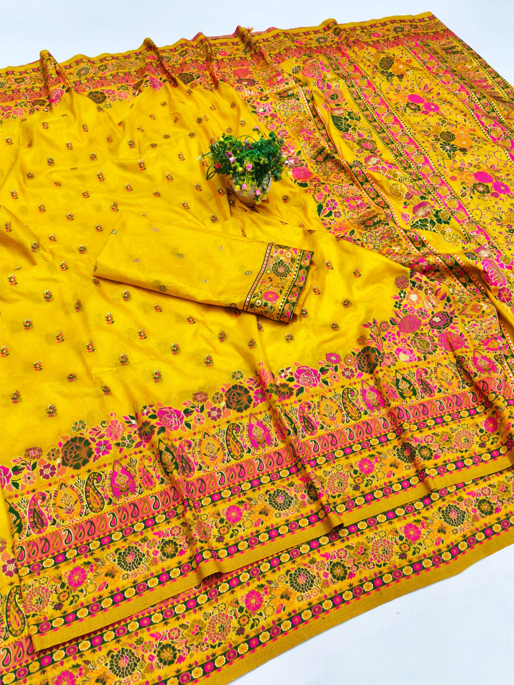 Stylish Yellow Nylon Dola Pashmina Saree With Fairytale Blouse Piece