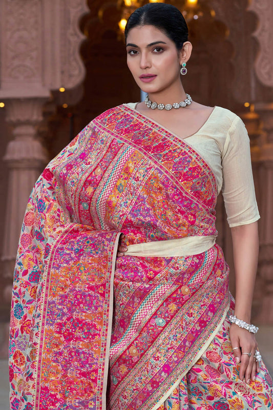Skinny Beige Pashmina Saree With Traditional Blouse Piece