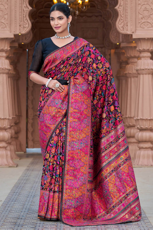 Ravishing Black Pashmina Saree With Divine Blouse Piece
