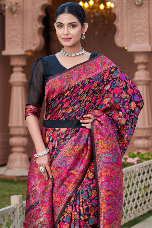 Ravishing Black Pashmina Saree With Divine Blouse Piece