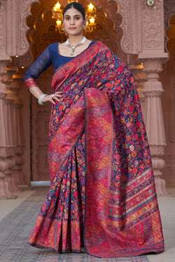 Fantabulous Navy Blue Pashmina Saree With Enticing Blouse Piece