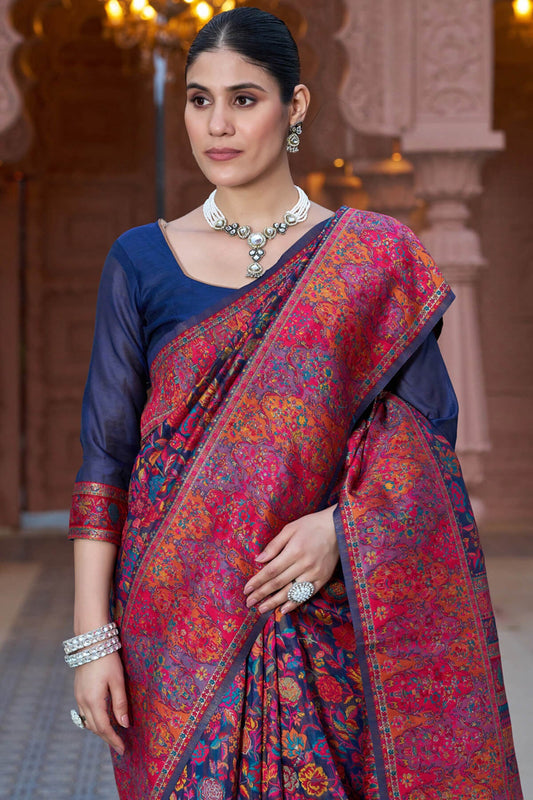 Fantabulous Navy Blue Pashmina Saree With Enticing Blouse Piece