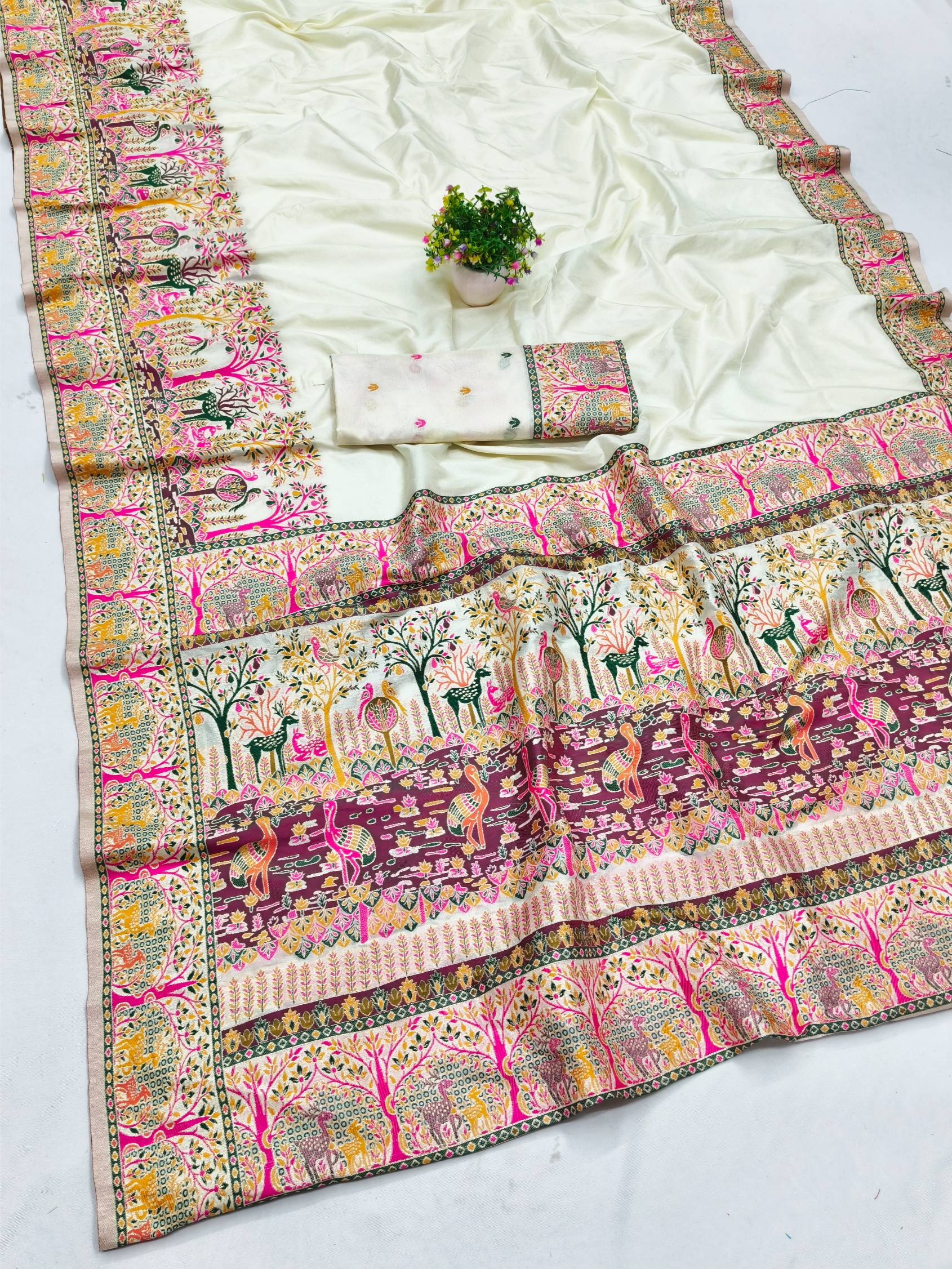 Breathtaking Beige Nylon Dola Pashmina Saree With Rhapsodic Blouse Piece