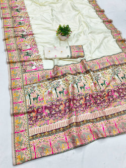 Breathtaking Beige Nylon Dola Pashmina Saree With Rhapsodic Blouse Piece