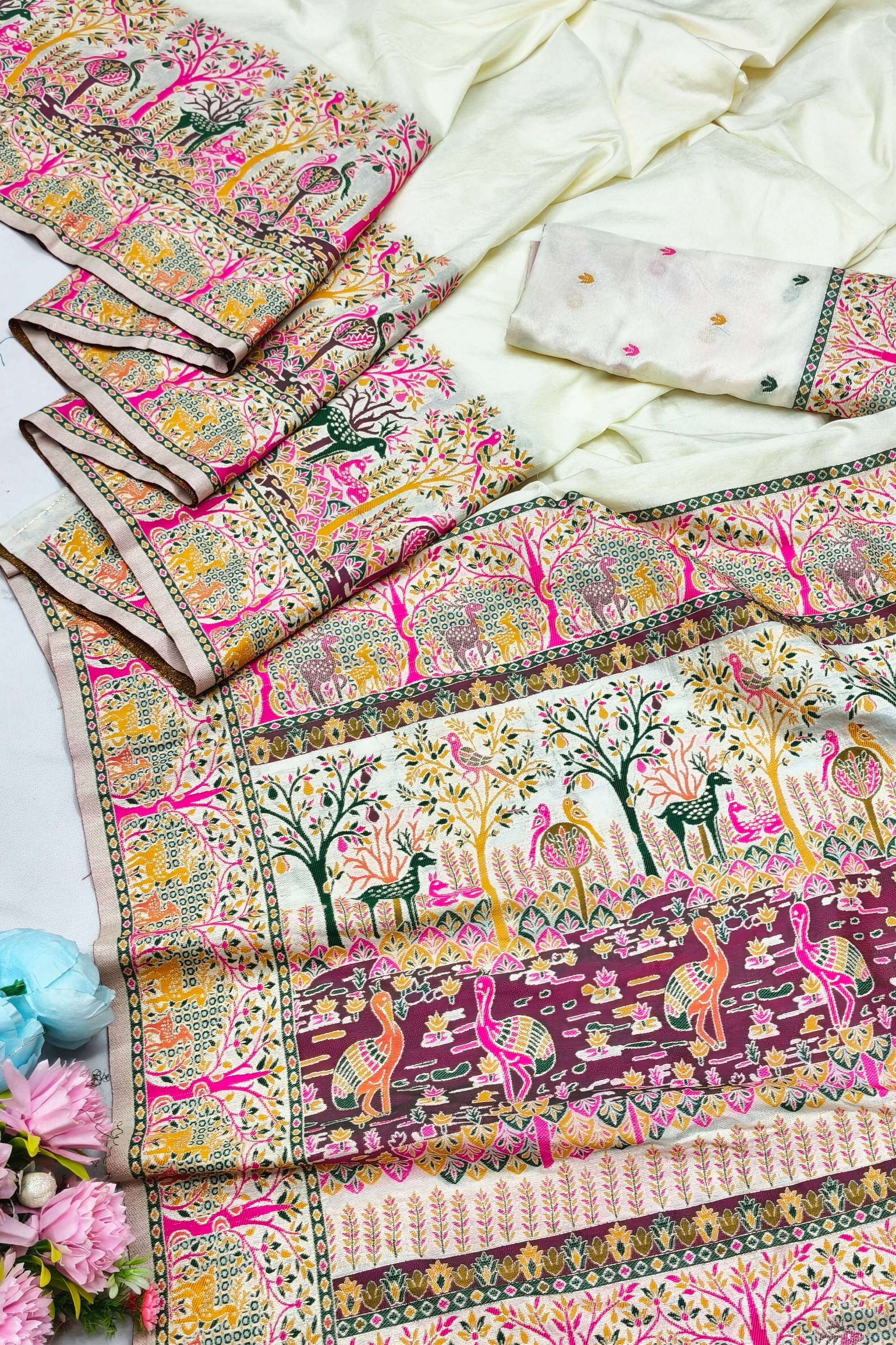 Breathtaking Beige Nylon Dola Pashmina Saree With Rhapsodic Blouse Piece