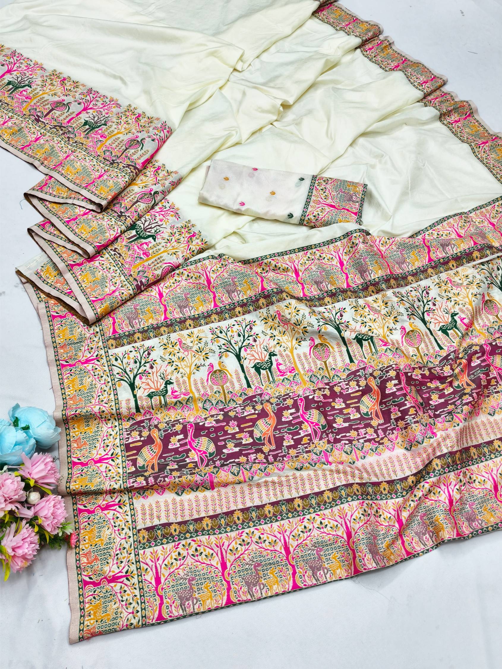 Breathtaking Beige Nylon Dola Pashmina Saree With Rhapsodic Blouse Piece