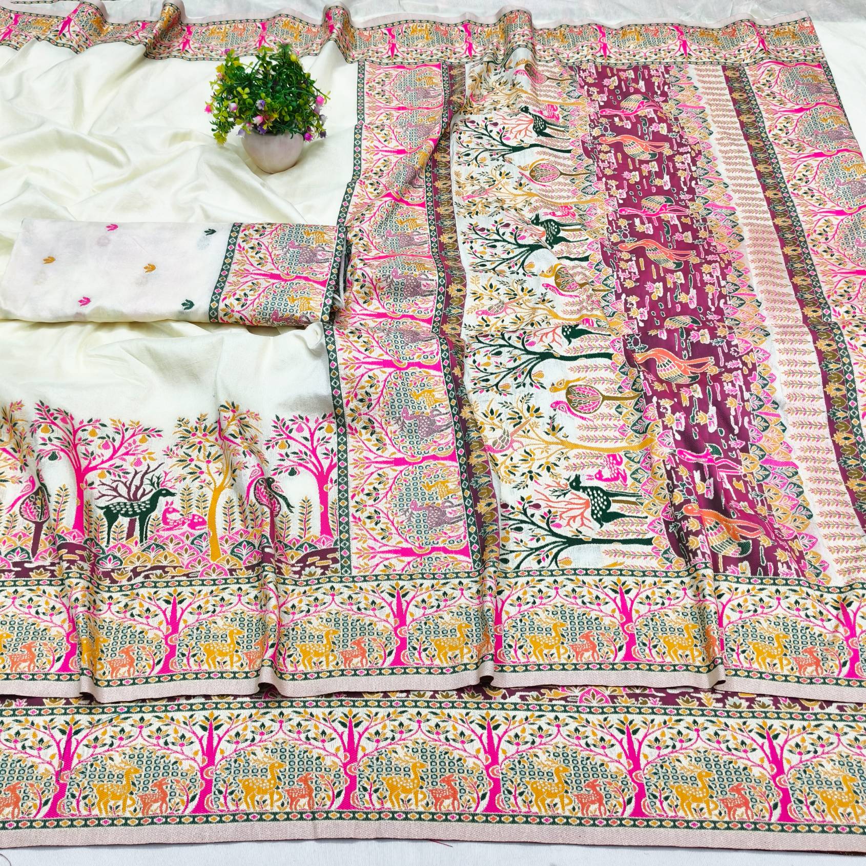 Breathtaking Beige Nylon Dola Pashmina Saree With Rhapsodic Blouse Piece