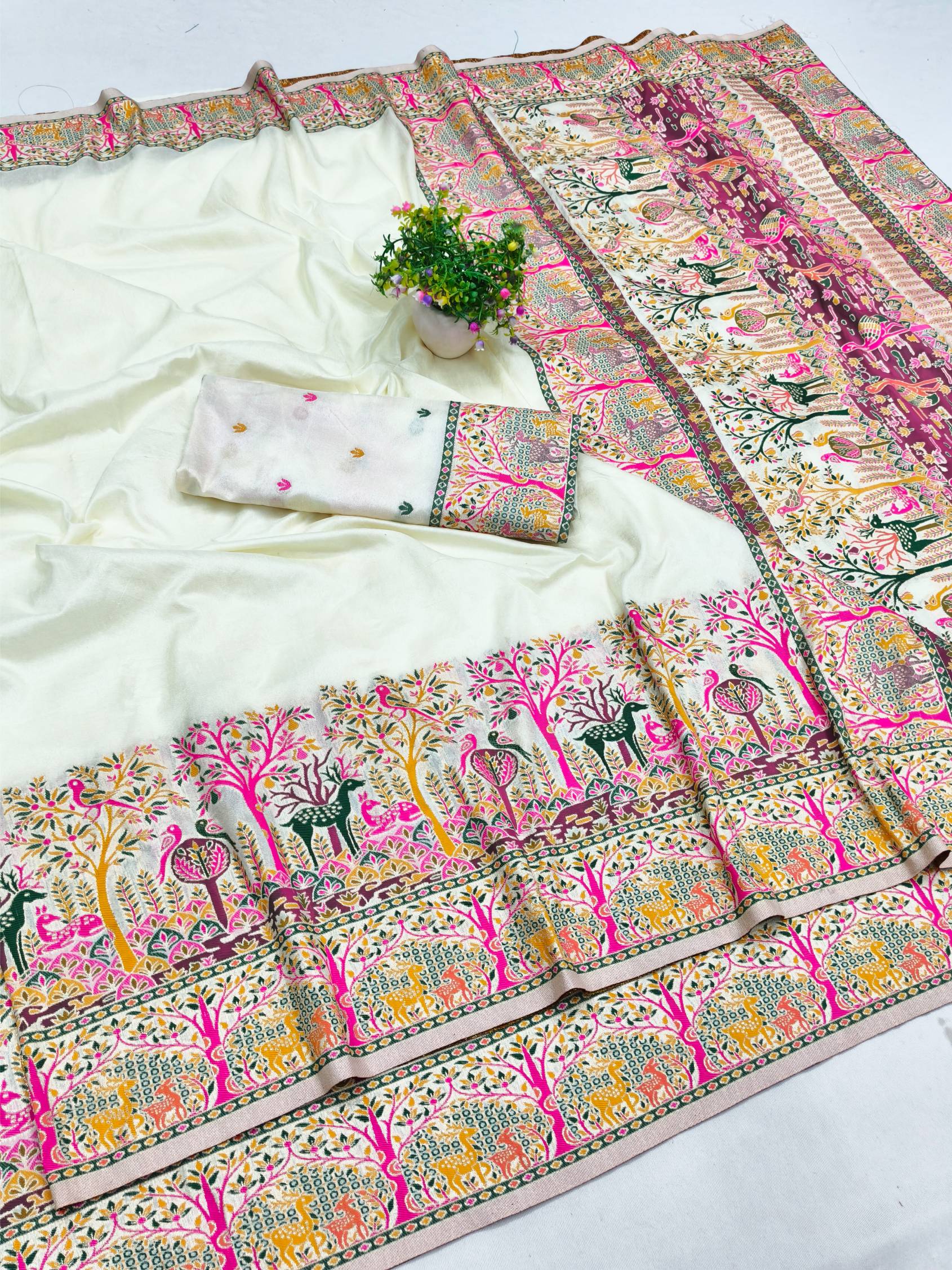 Breathtaking Beige Nylon Dola Pashmina Saree With Rhapsodic Blouse Piece