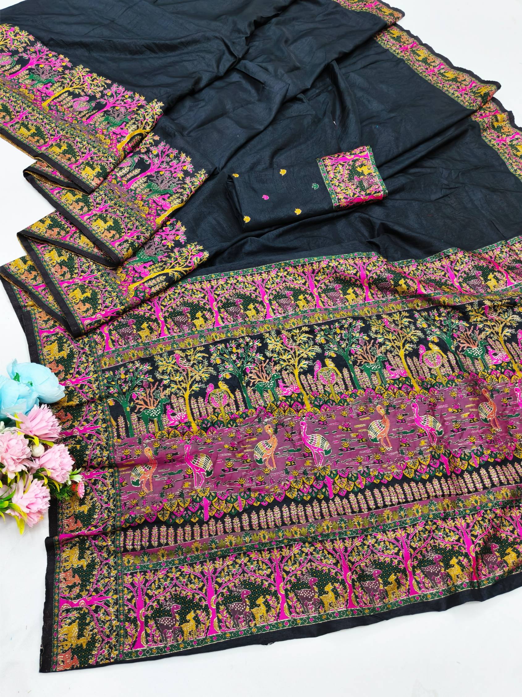 Confounding Black Nylon Dola Pashmina Saree With Splendorous Blouse Piece