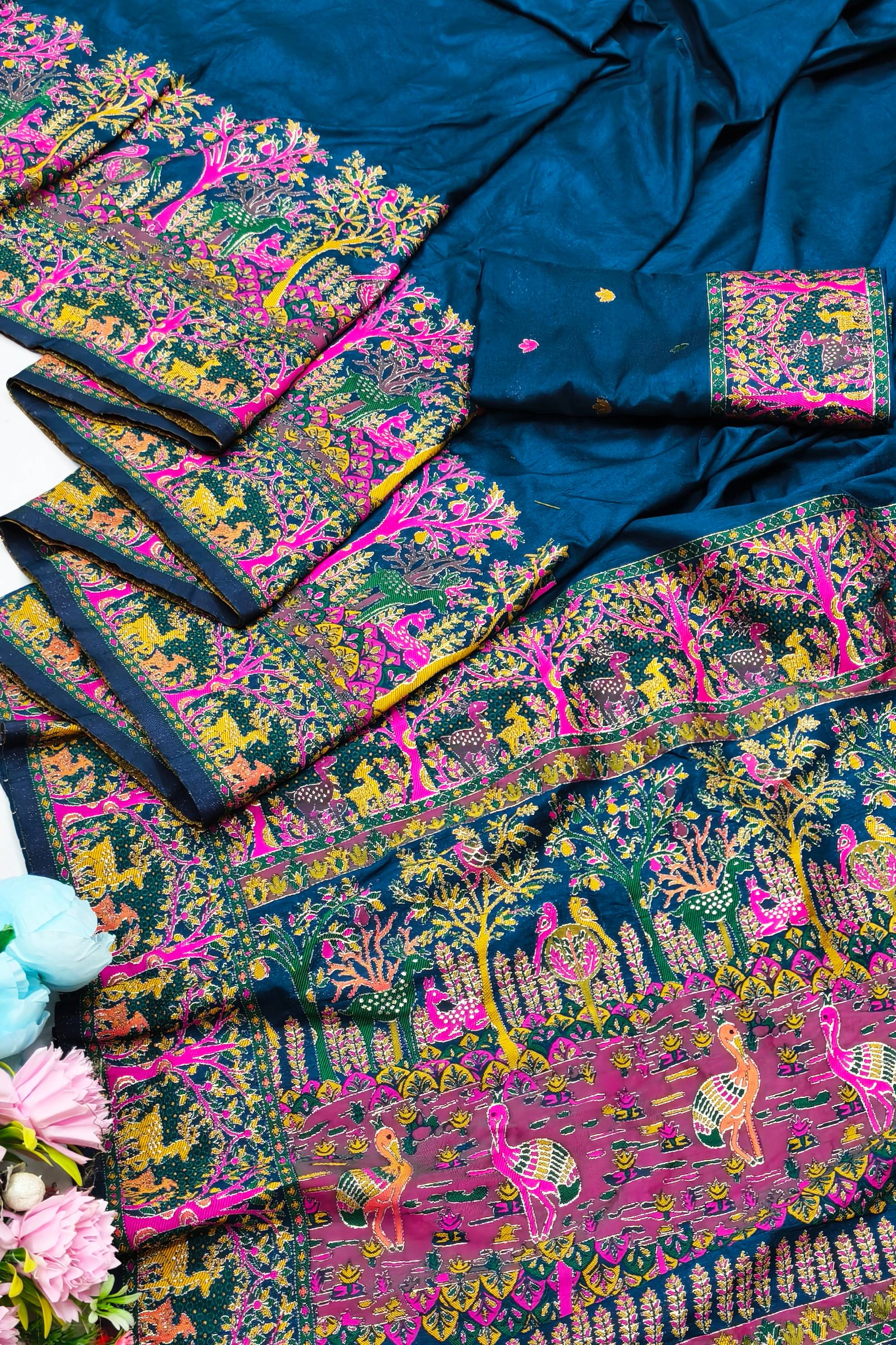 Panoply Blue Nylon Dola Pashmina Saree With Desiring Blouse Piece