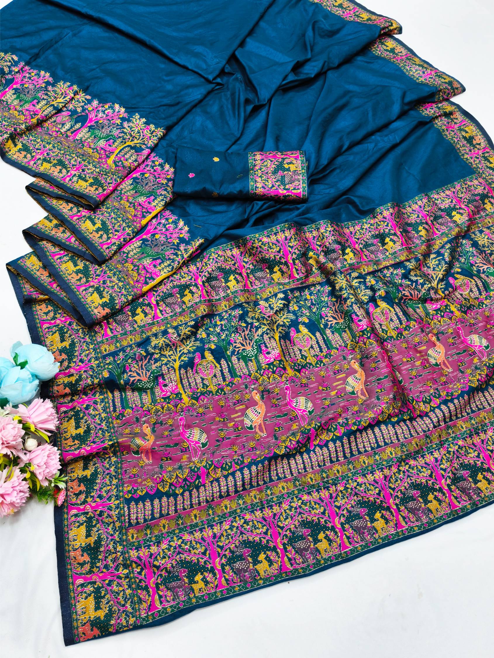 Panoply Blue Nylon Dola Pashmina Saree With Desiring Blouse Piece