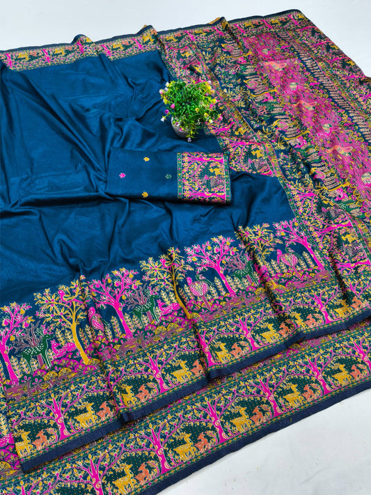 Panoply Blue Nylon Dola Pashmina Saree With Desiring Blouse Piece