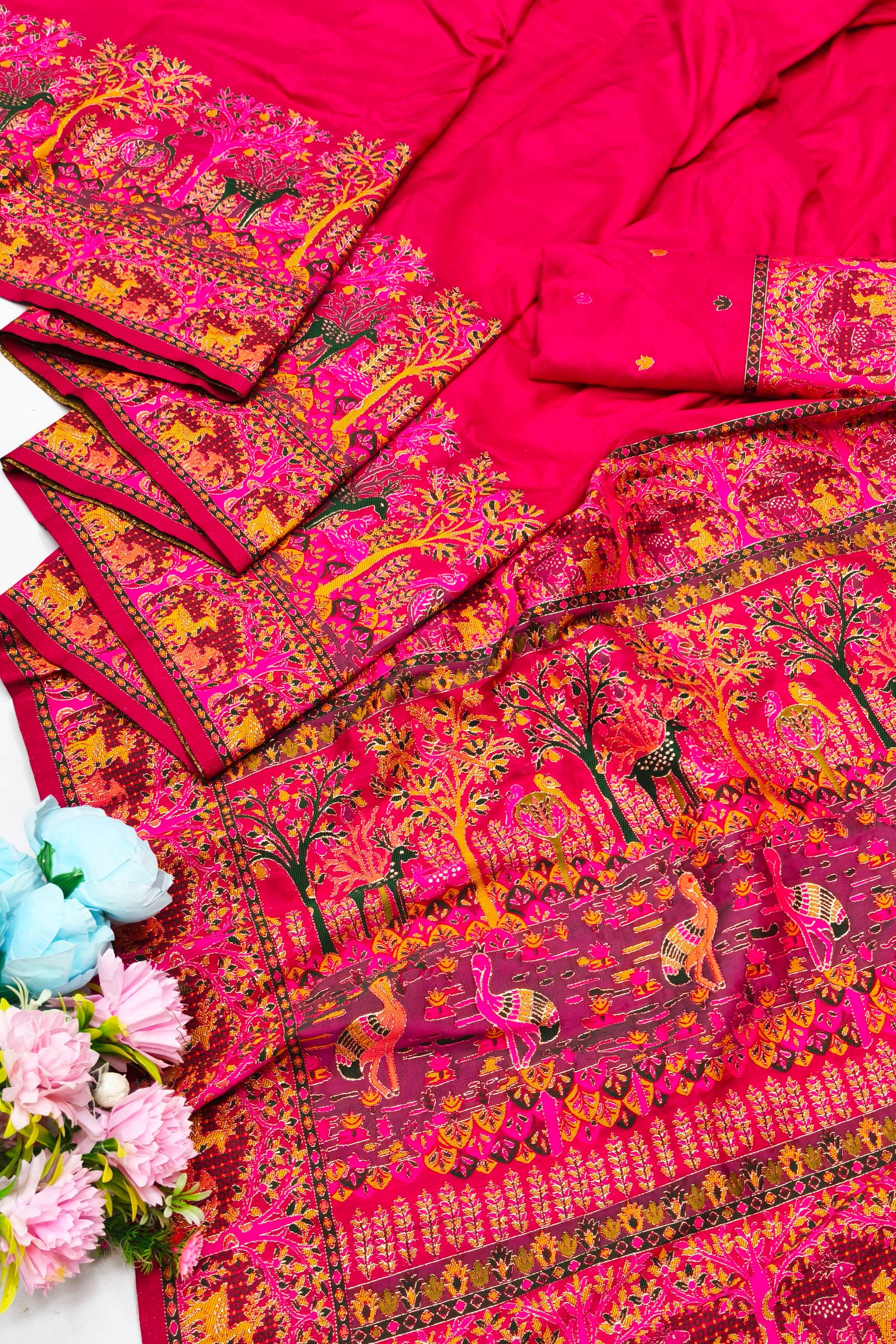 Super classy Dark Pink Nylon Dola Pashmina Saree With Transcendent Blouse Piece