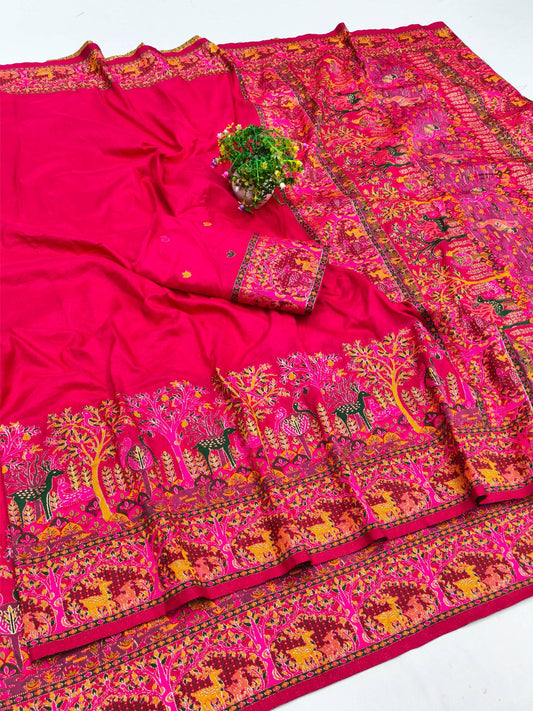 Super classy Dark Pink Nylon Dola Pashmina Saree With Transcendent Blouse Piece