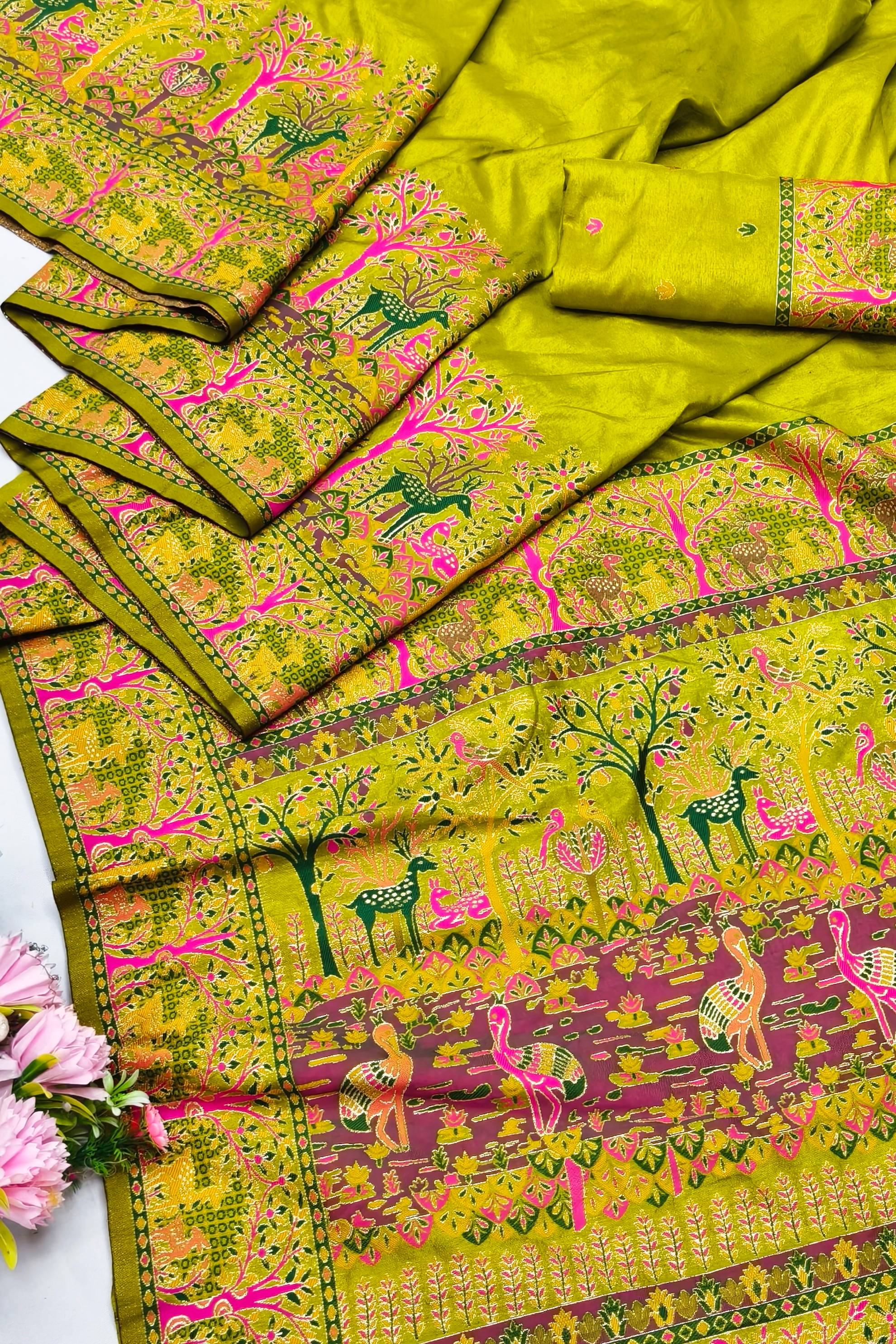 Hypnotic Mehandi Nylon Dola Pashmina Saree With Profuse Blouse Piece