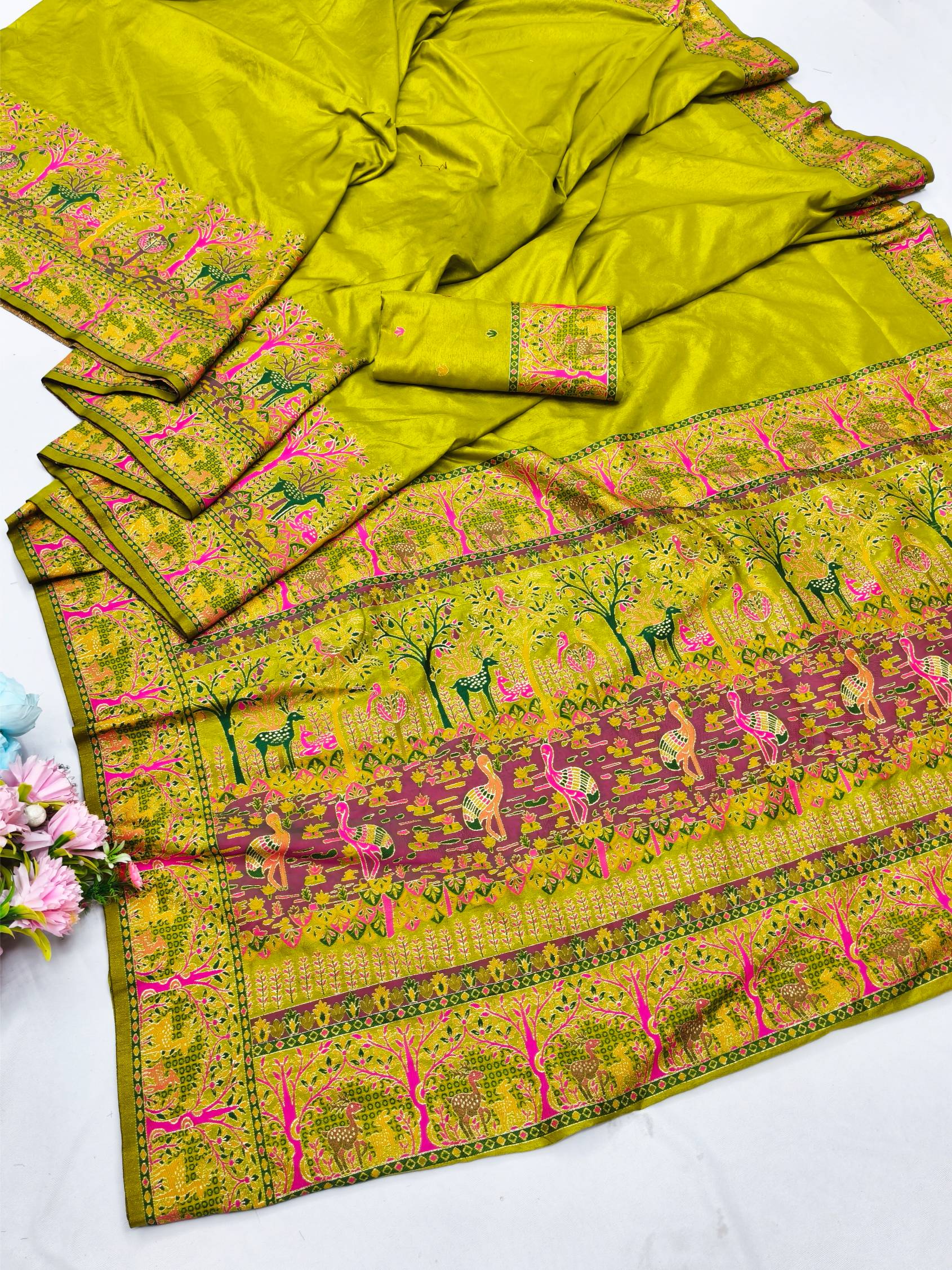 Hypnotic Mehandi Nylon Dola Pashmina Saree With Profuse Blouse Piece