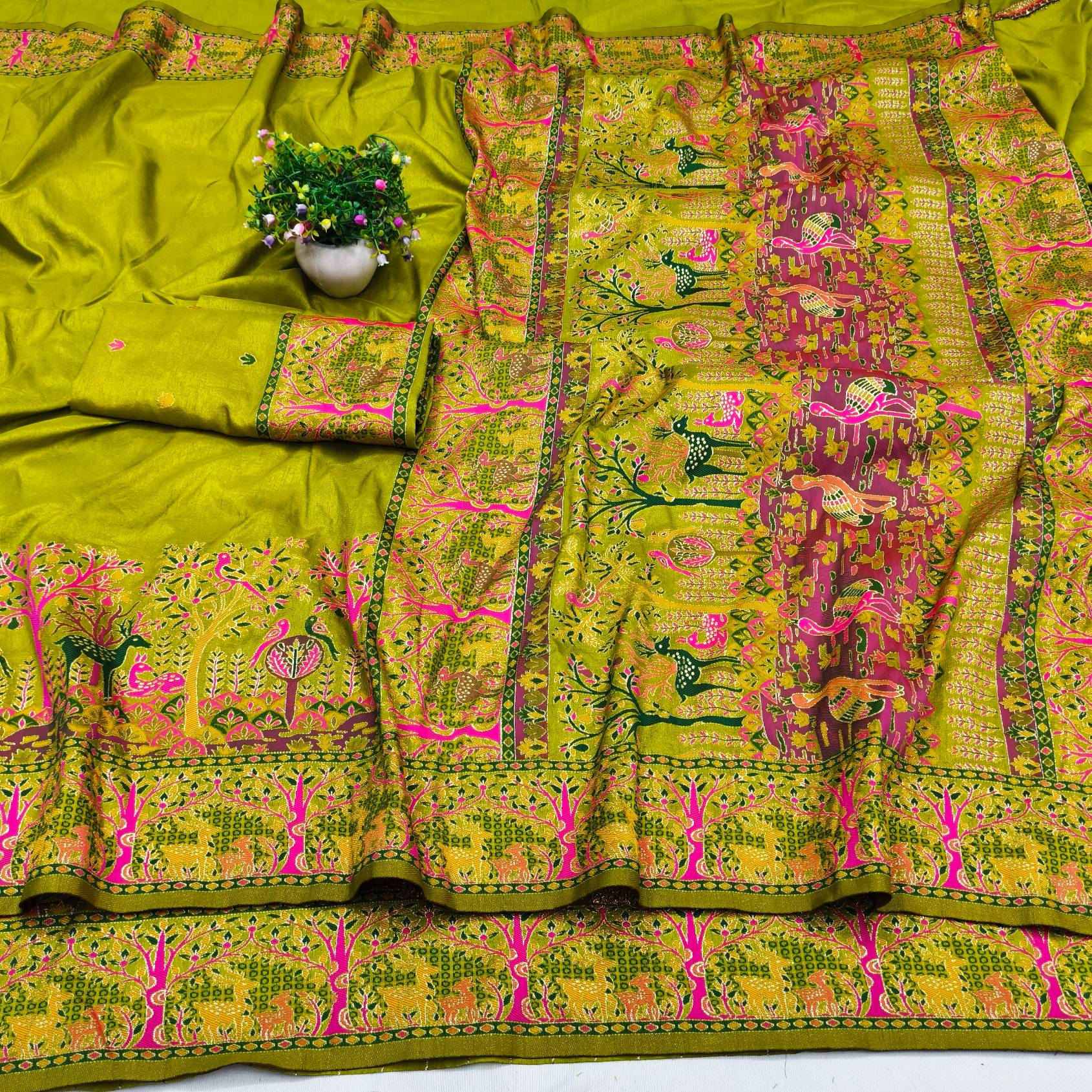 Hypnotic Mehandi Nylon Dola Pashmina Saree With Profuse Blouse Piece