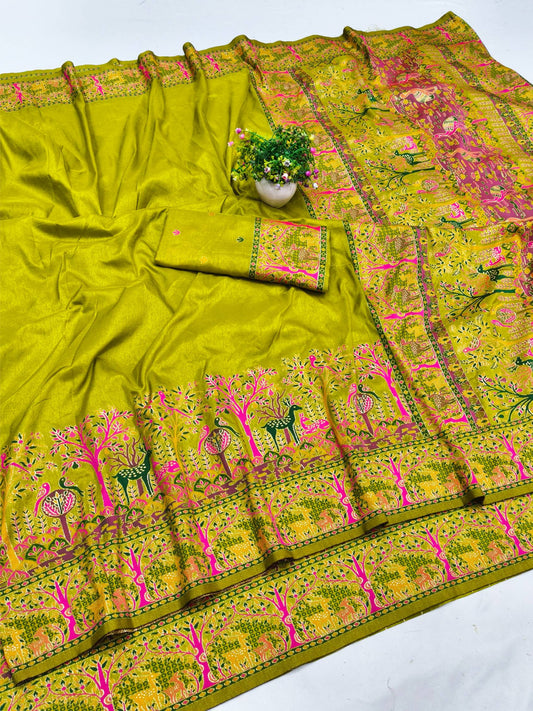 Hypnotic Mehandi Nylon Dola Pashmina Saree With Profuse Blouse Piece