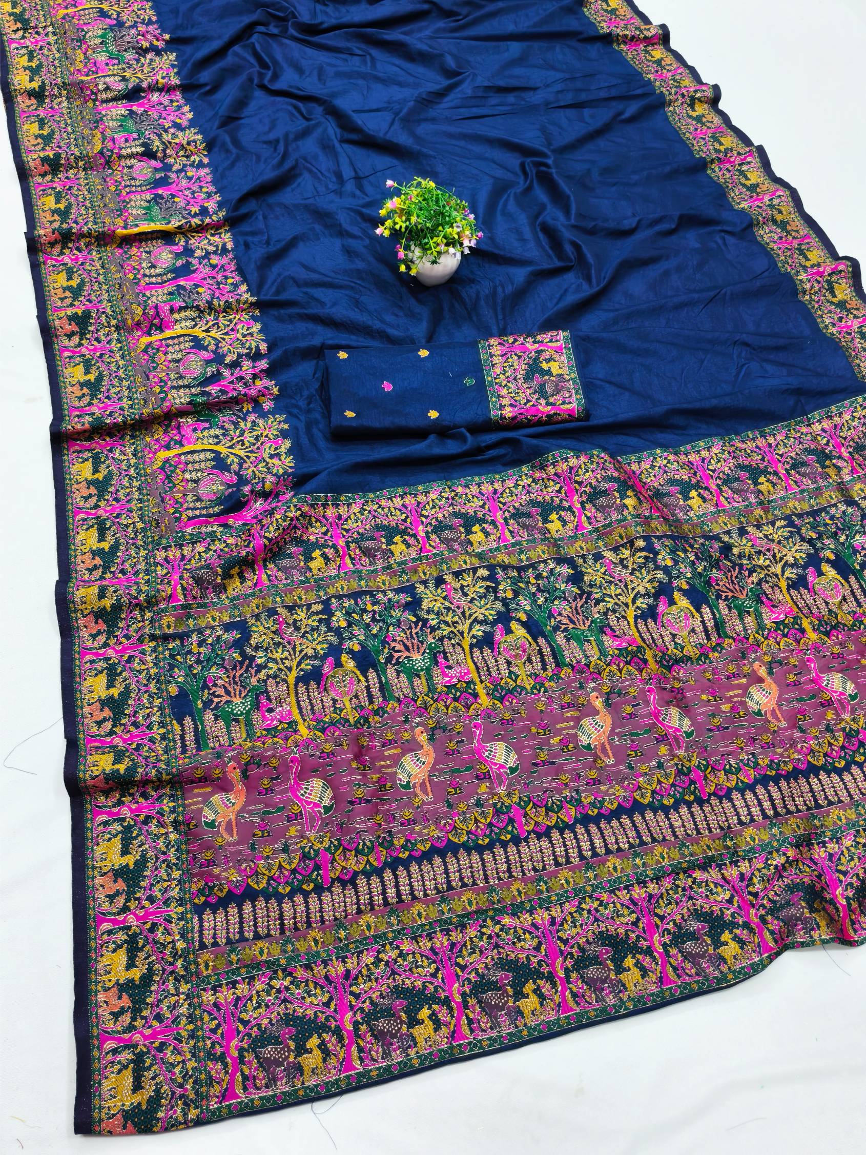 Sensational Navy Blue Nylon Dola Pashmina Saree With Artistic Blouse Piece