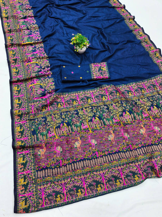 Sensational Navy Blue Nylon Dola Pashmina Saree With Artistic Blouse Piece