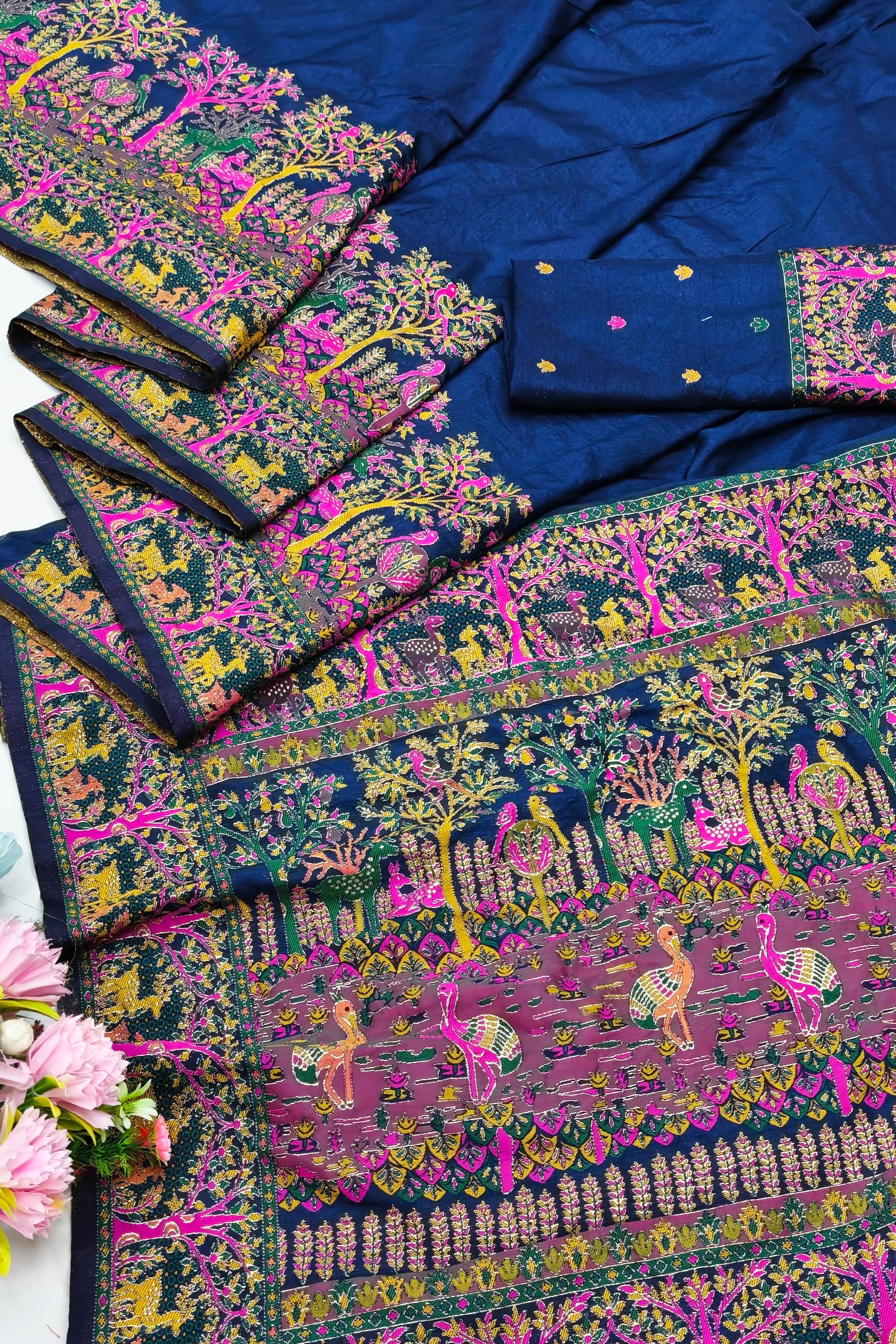 Sensational Navy Blue Nylon Dola Pashmina Saree With Artistic Blouse Piece