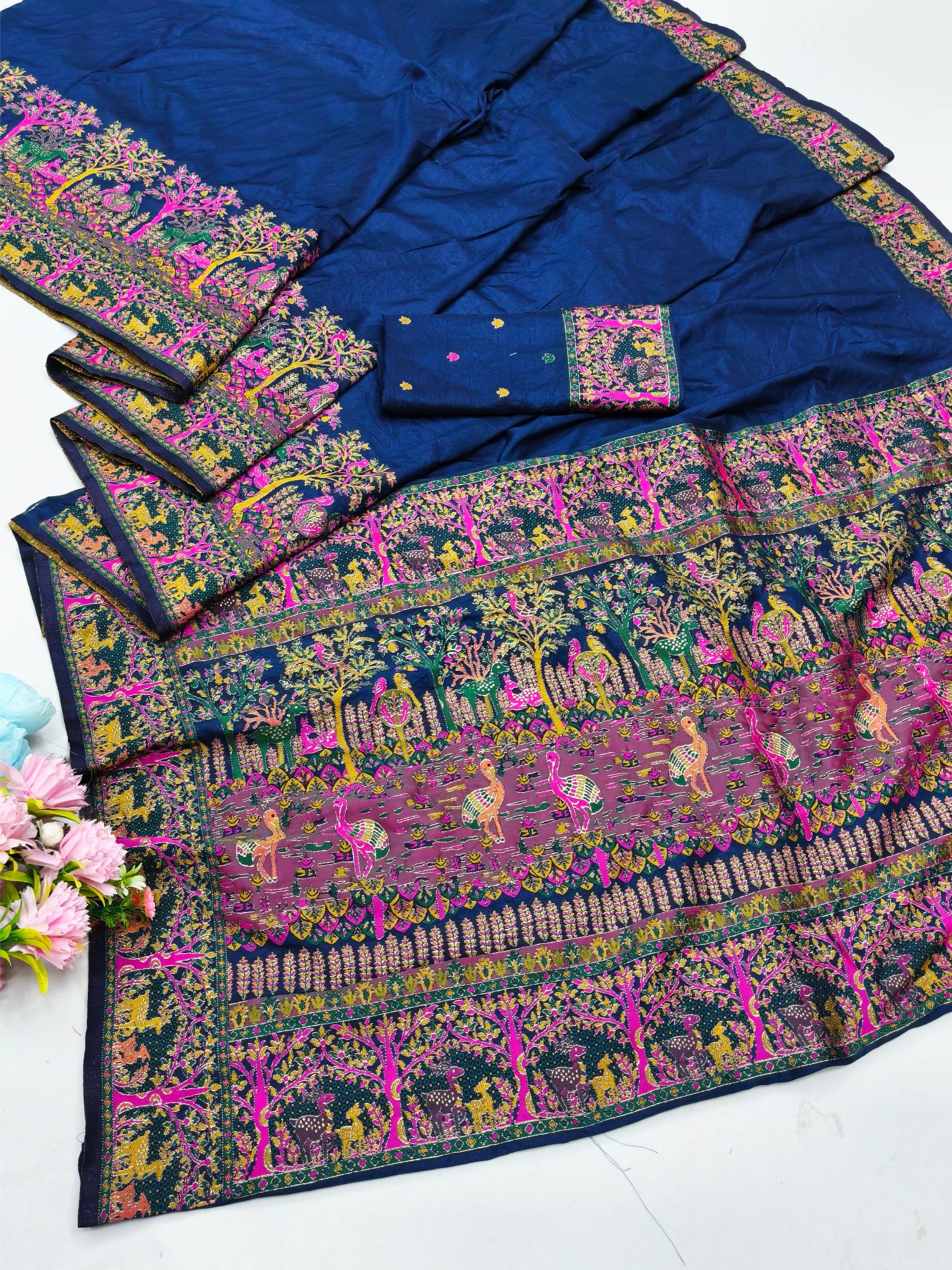 Sensational Navy Blue Nylon Dola Pashmina Saree With Artistic Blouse Piece