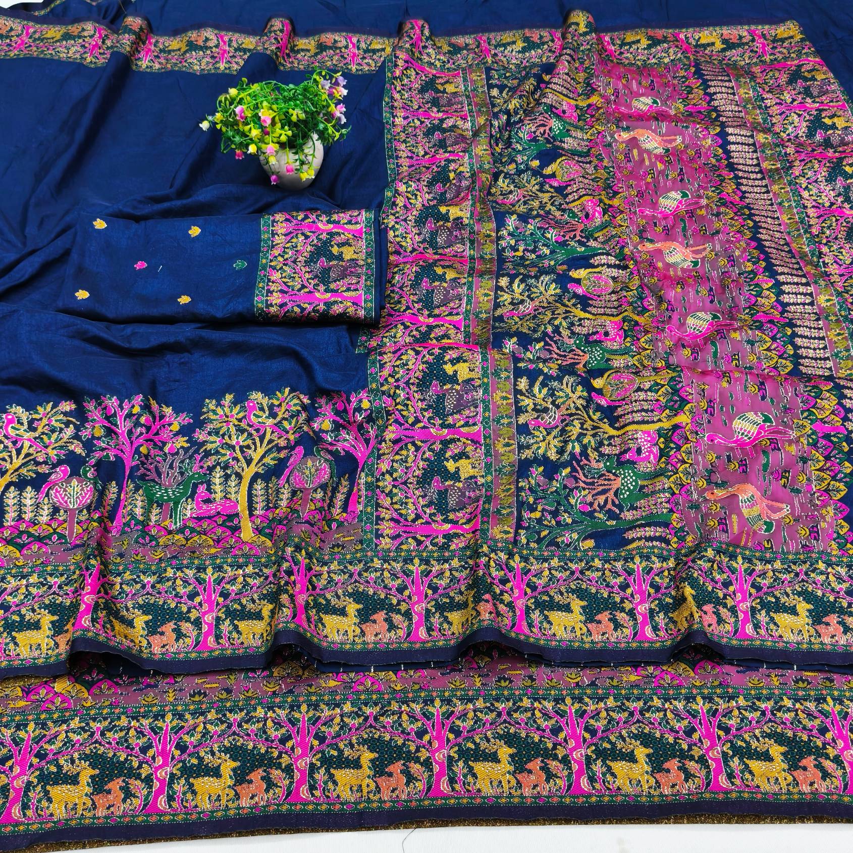 Sensational Navy Blue Nylon Dola Pashmina Saree With Artistic Blouse Piece