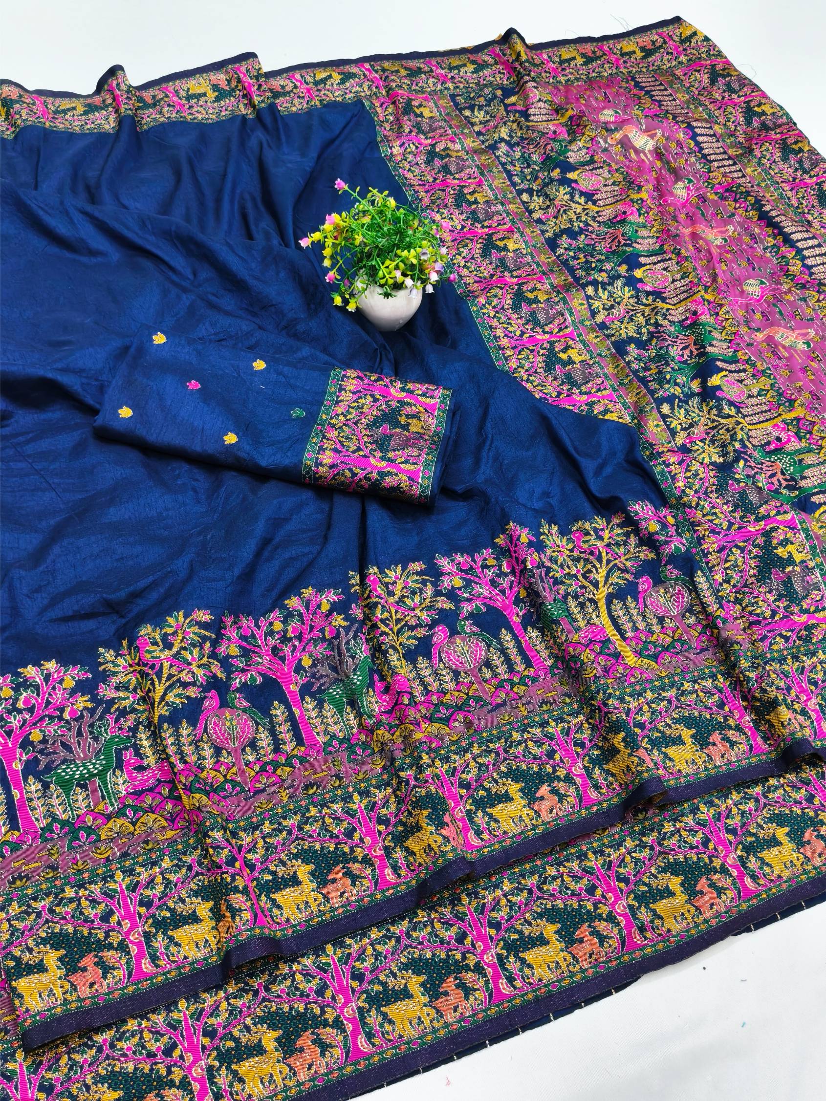 Sensational Navy Blue Nylon Dola Pashmina Saree With Artistic Blouse Piece
