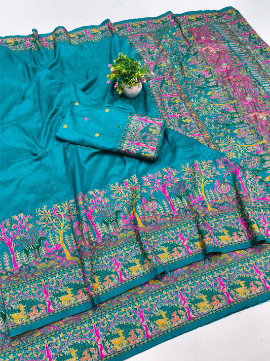 Moiety Rama Nylon Dola Pashmina Saree With Impressive Blouse Piece