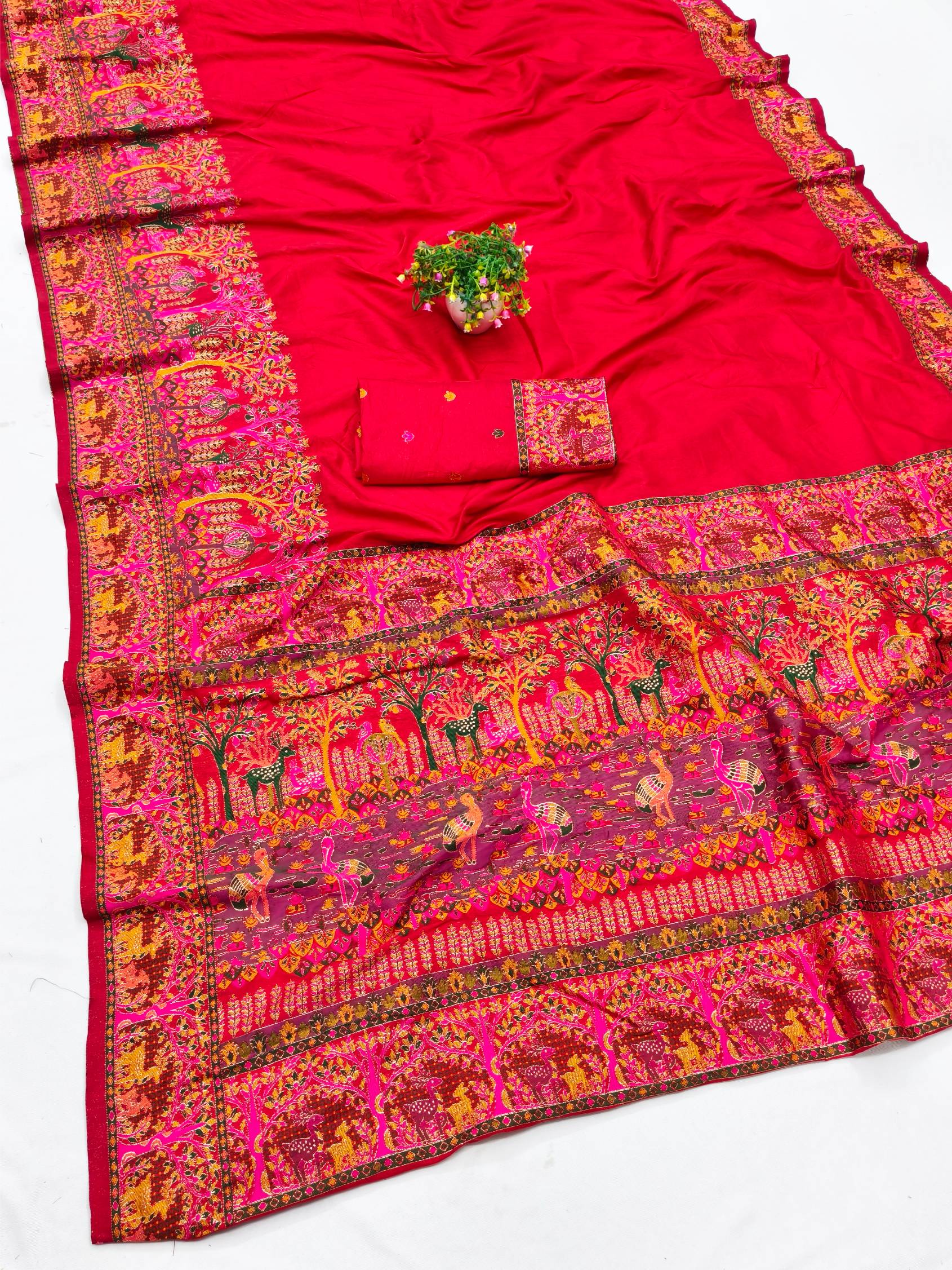 Splendiferous Red Nylon Dola Pashmina Saree With Skinny Blouse Piece