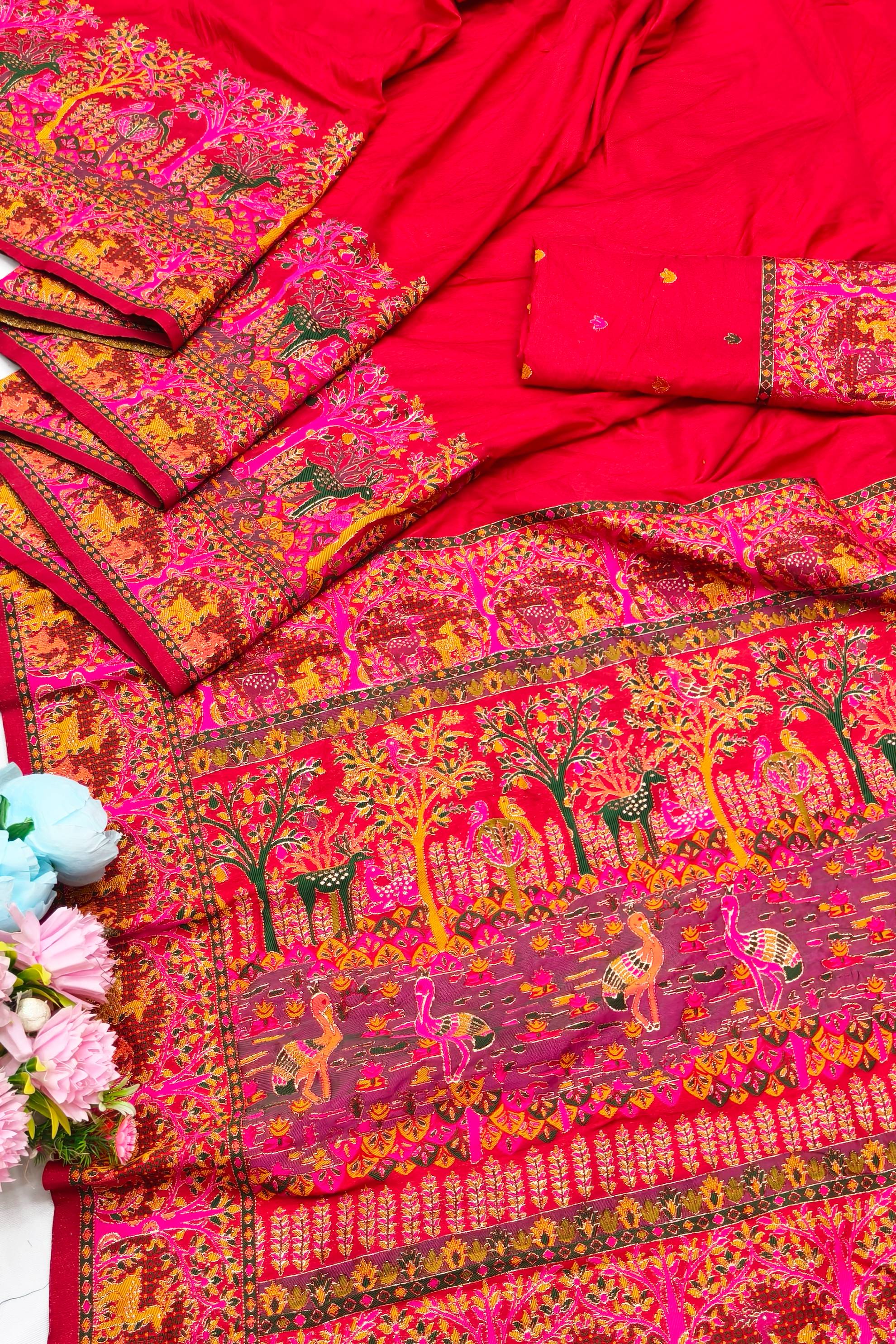 Splendiferous Red Nylon Dola Pashmina Saree With Skinny Blouse Piece