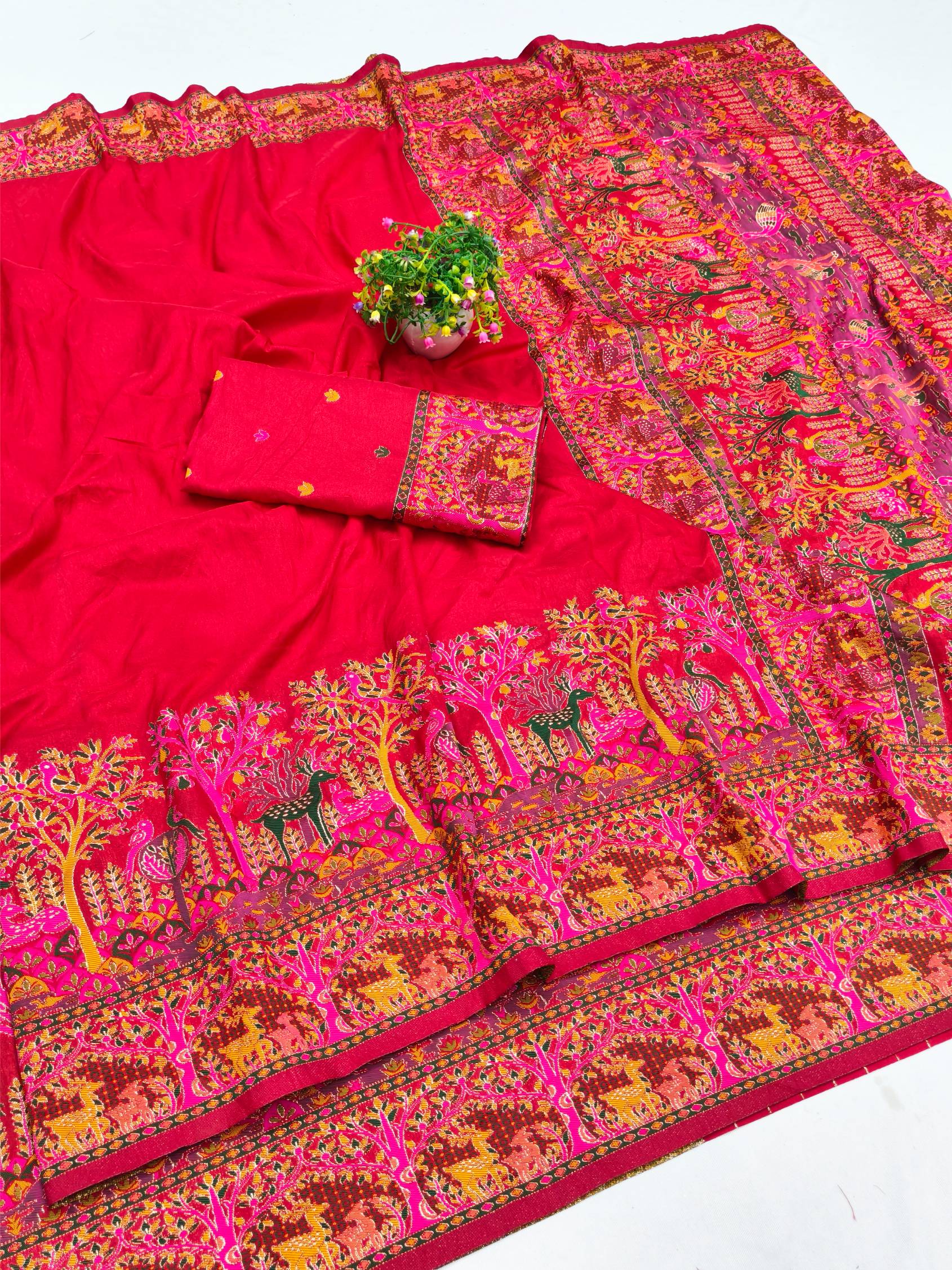 Splendiferous Red Nylon Dola Pashmina Saree With Skinny Blouse Piece
