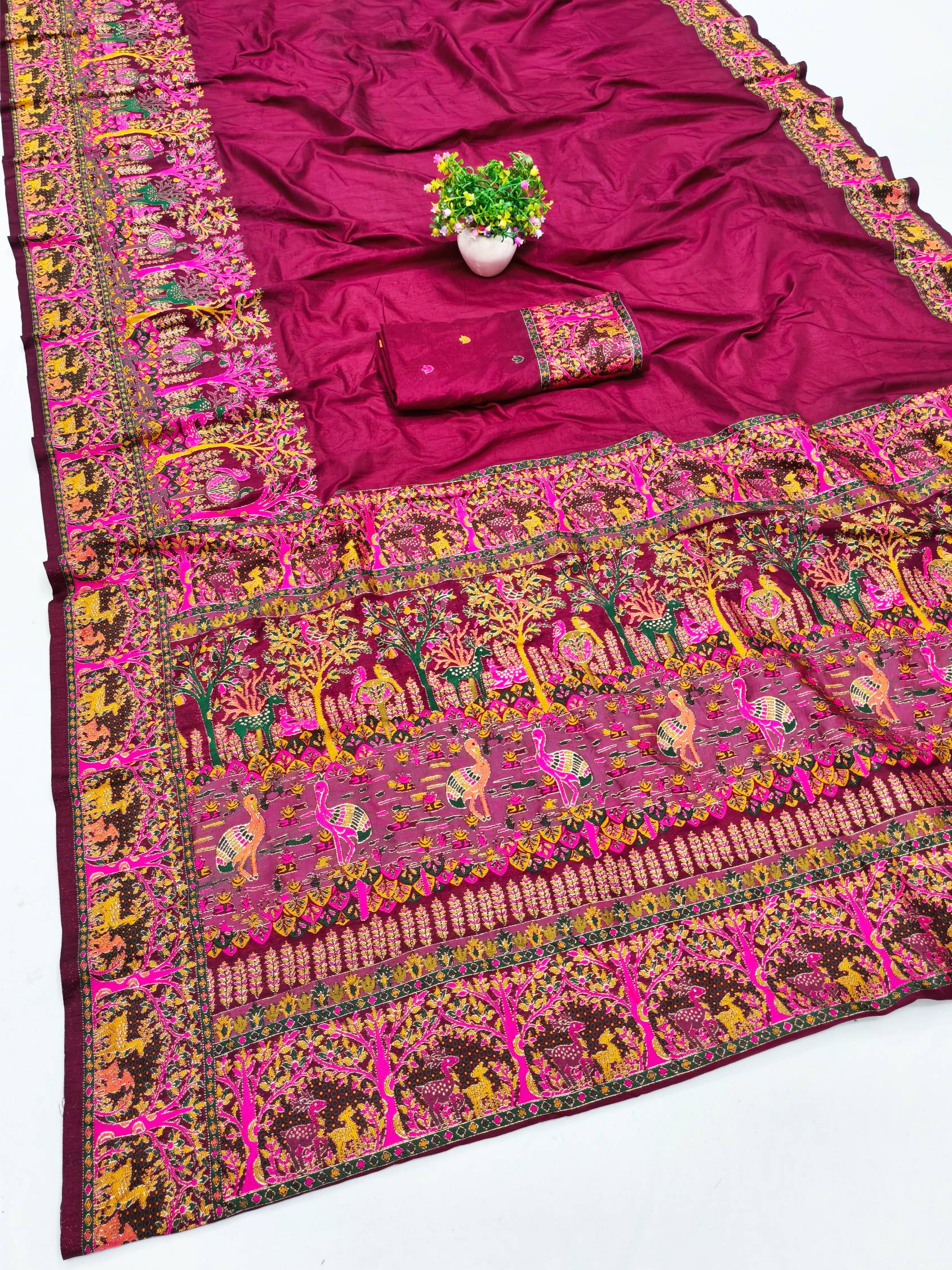 Unequalled Wine Nylon Dola Pashmina Saree With Ebullience Blouse Piece