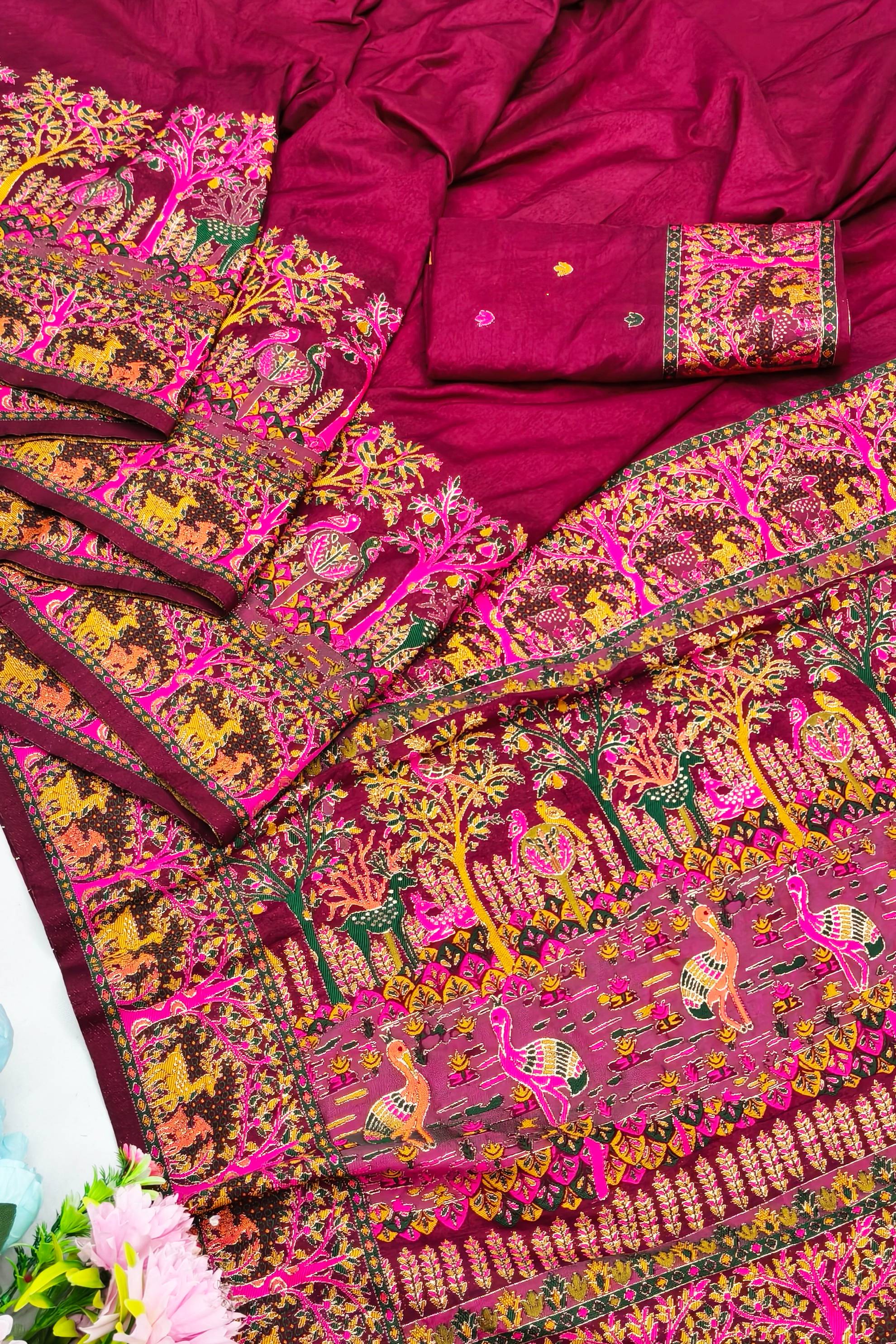 Unequalled Wine Nylon Dola Pashmina Saree With Ebullience Blouse Piece