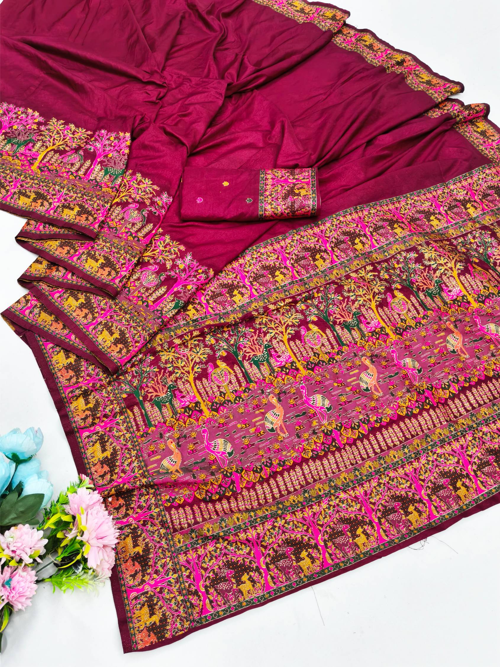 Unequalled Wine Nylon Dola Pashmina Saree With Ebullience Blouse Piece