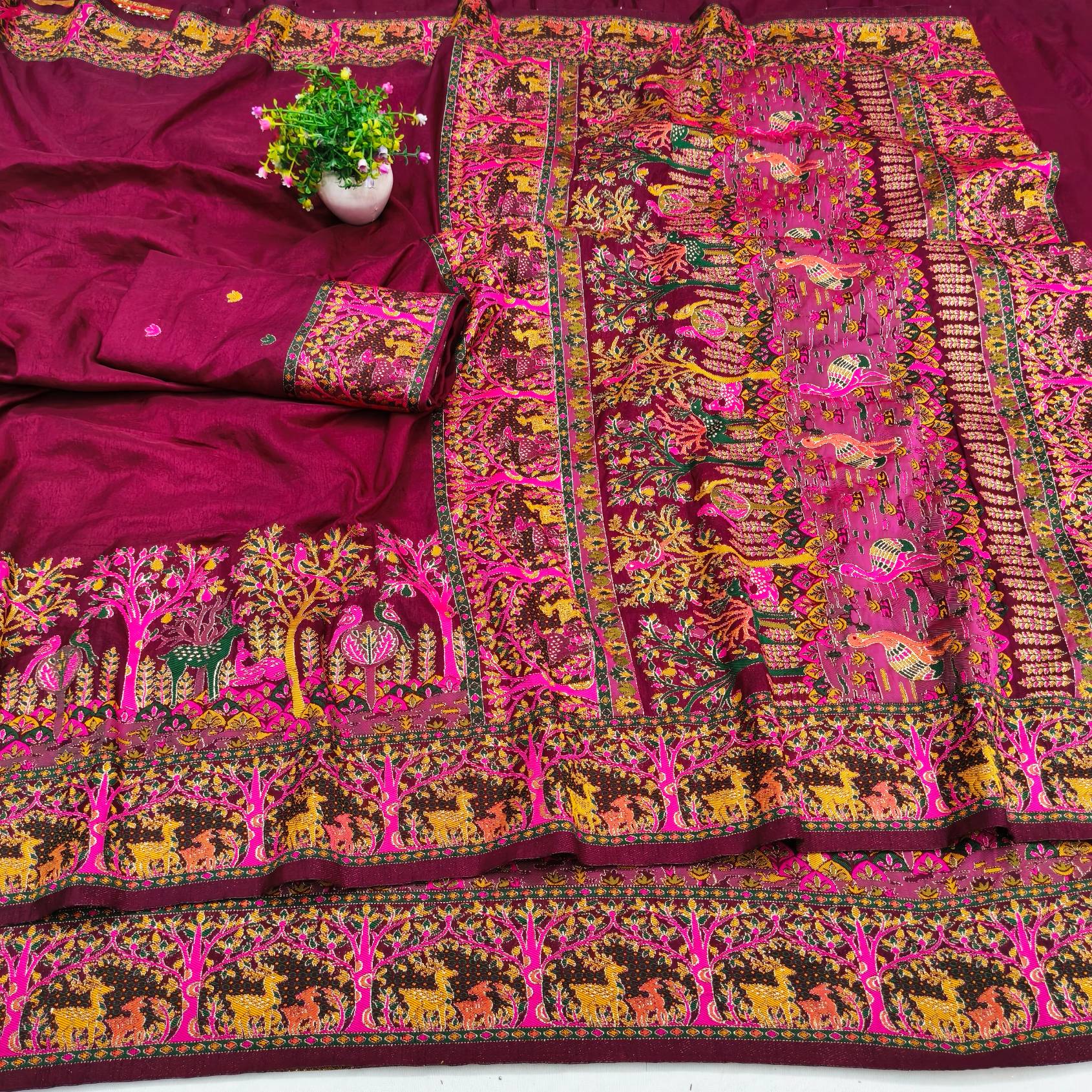 Unequalled Wine Nylon Dola Pashmina Saree With Ebullience Blouse Piece