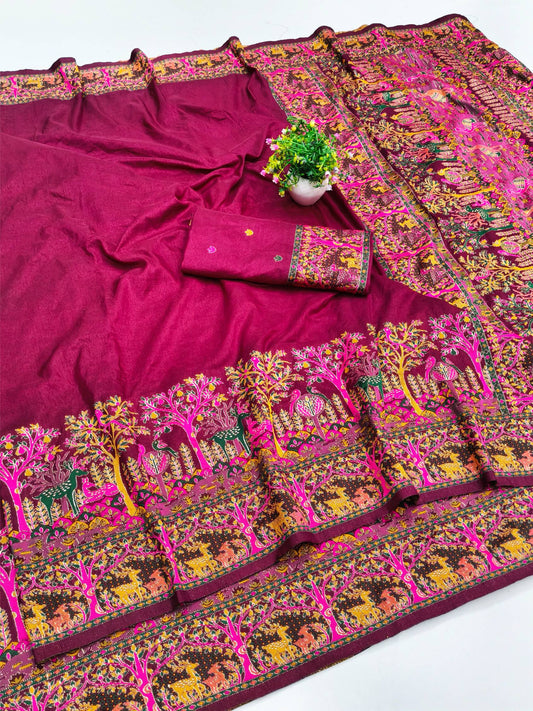 Unequalled Wine Nylon Dola Pashmina Saree With Ebullience Blouse Piece
