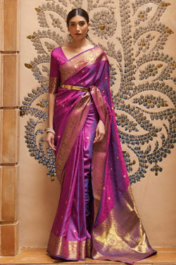 Mellifluous Purple Pure Kanjivaram Silk Saree with Artistic Blouse Piece