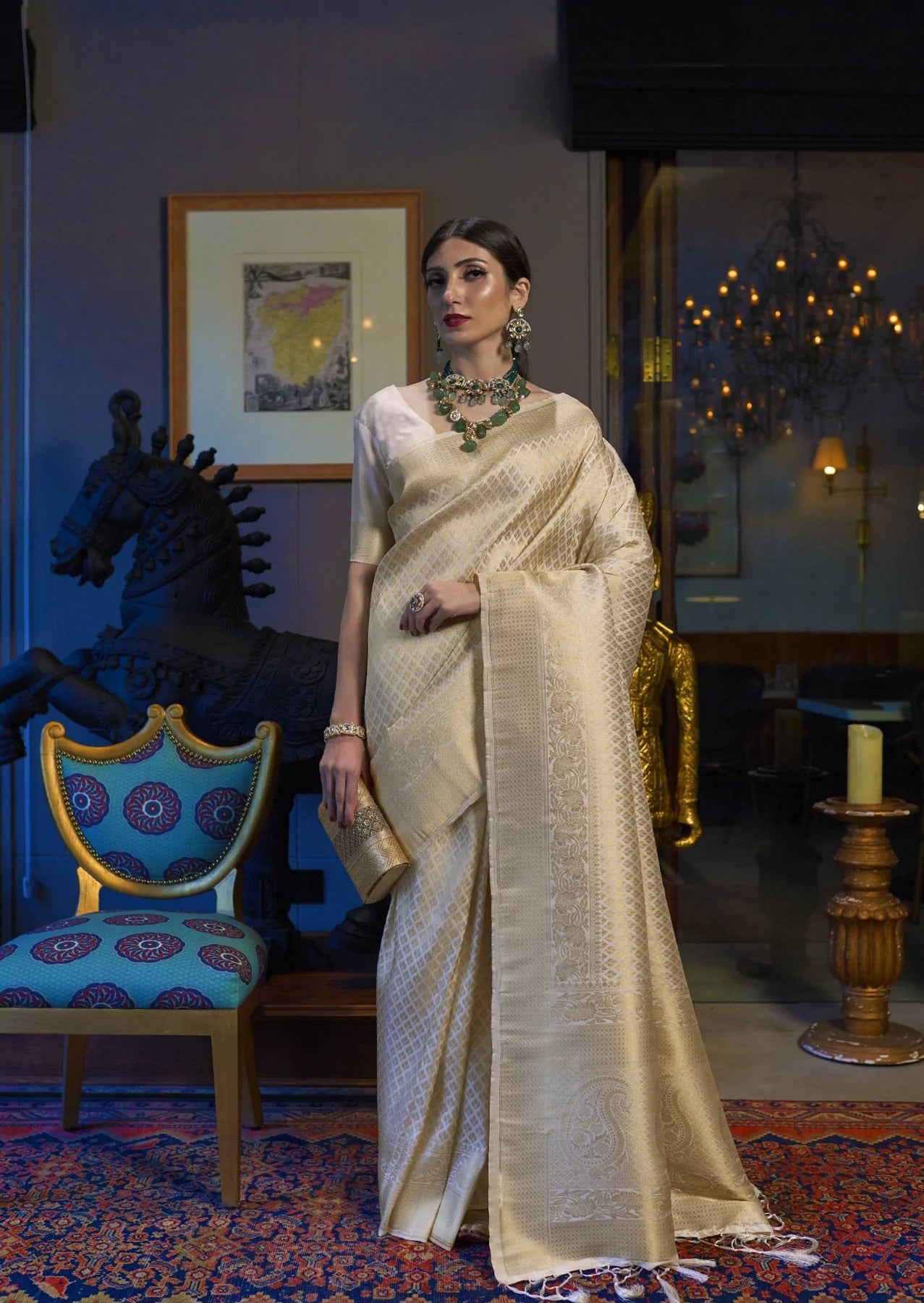 Lissome Beige Kanjivaram Silk Saree With Demure Blouse Piece