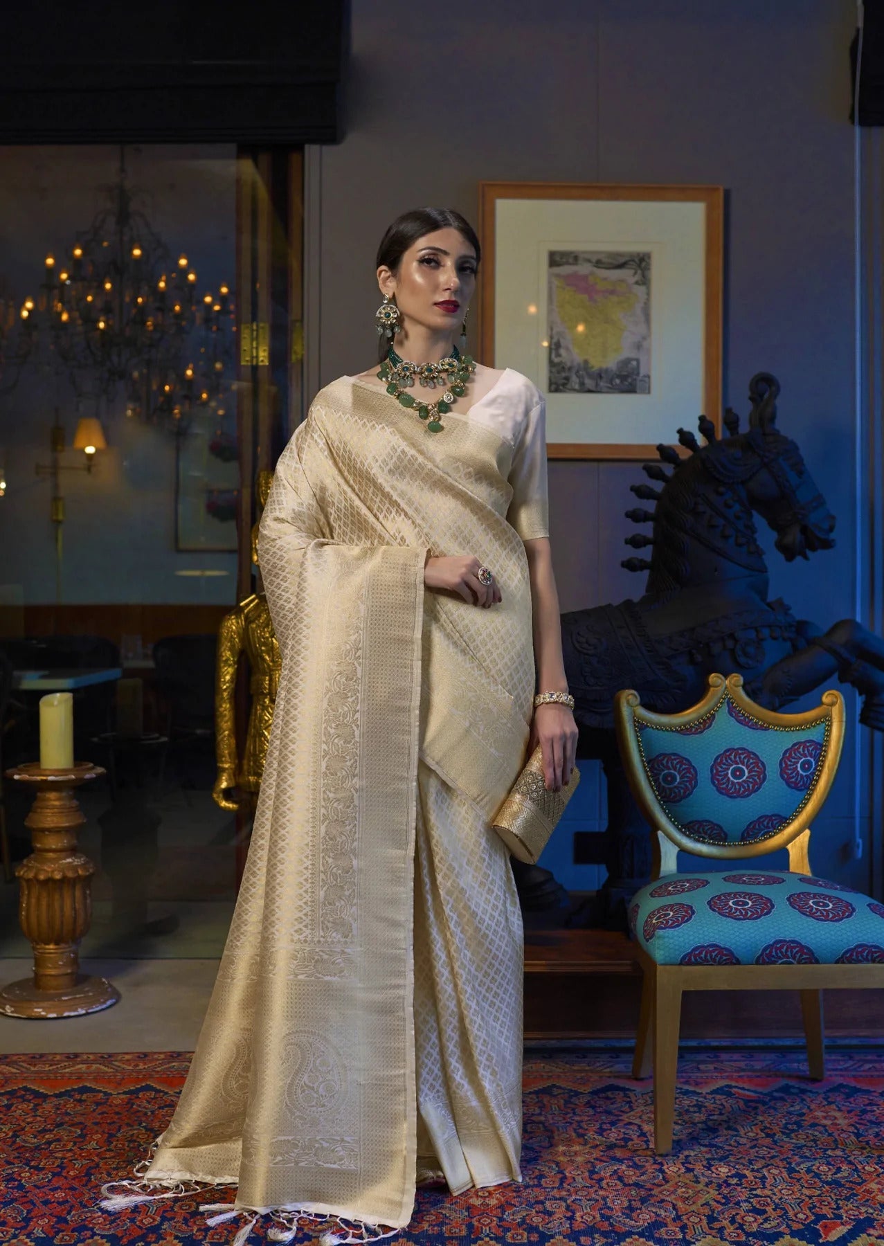 Lissome Beige Kanjivaram Silk Saree With Demure Blouse Piece