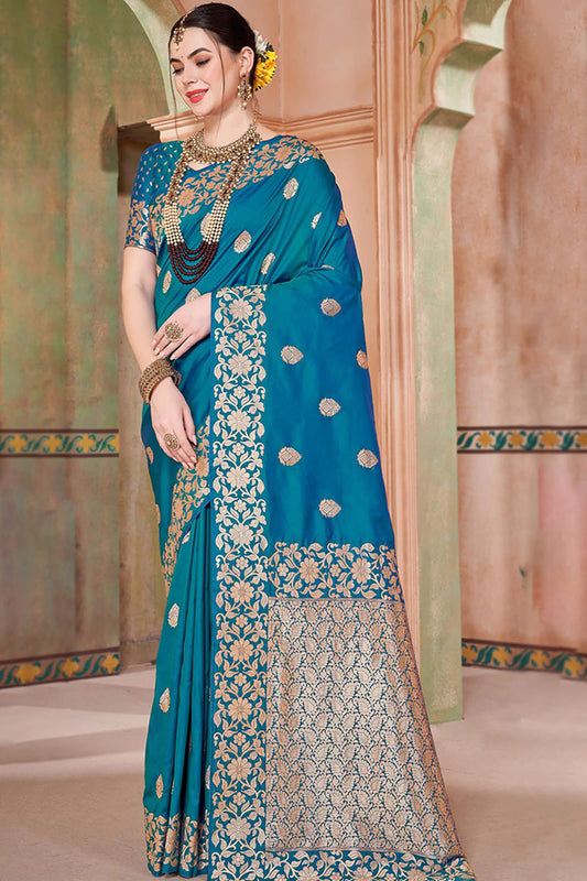 Devastating Firozi Soft Banarasi Silk Saree With Most Deserving Blouse Piece