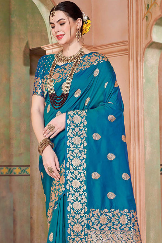 Devastating Firozi Soft Banarasi Silk Saree With Most Deserving Blouse Piece