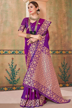 Efflorescence Purple Soft Banarasi Silk Saree With Denouement Blouse Piece