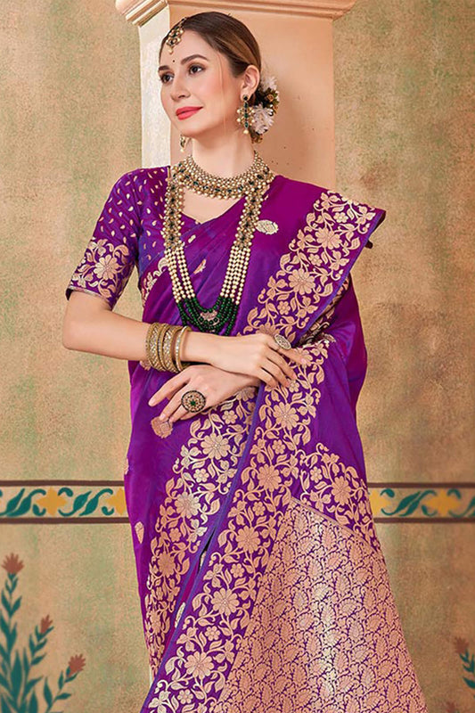 Efflorescence Purple Soft Banarasi Silk Saree With Denouement Blouse Piece