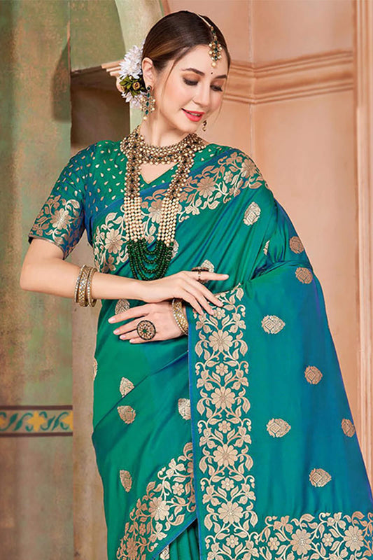 Scintilla Rama Soft Banarasi Silk Saree With Eloquence Blouse Piece