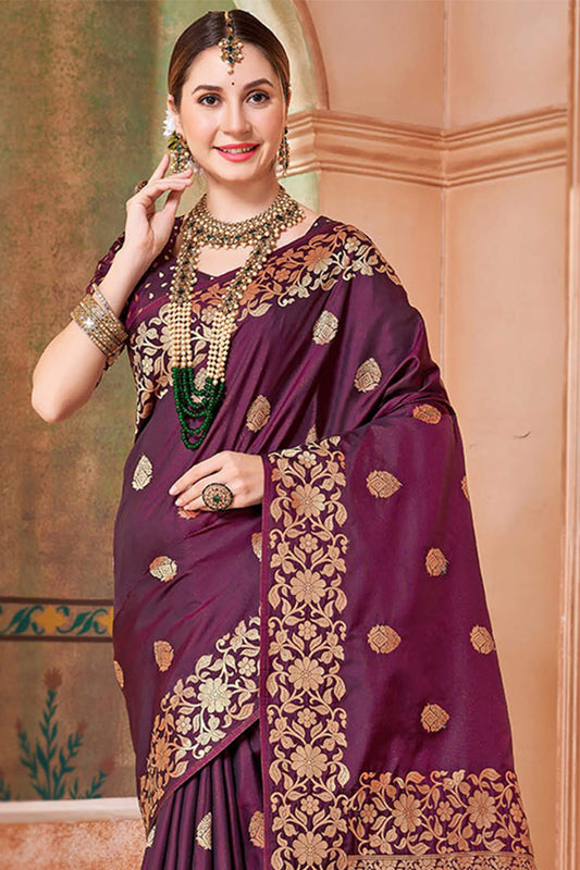 Seraglio Wine Soft Banarasi Silk Saree With Glowing Blouse Piece