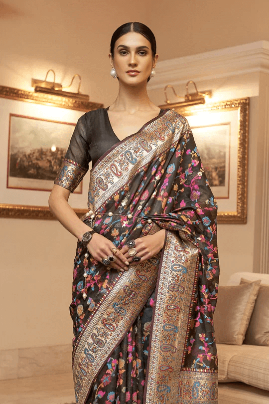 Desuetude Black Pashmina saree With Desultory Blouse Piece
