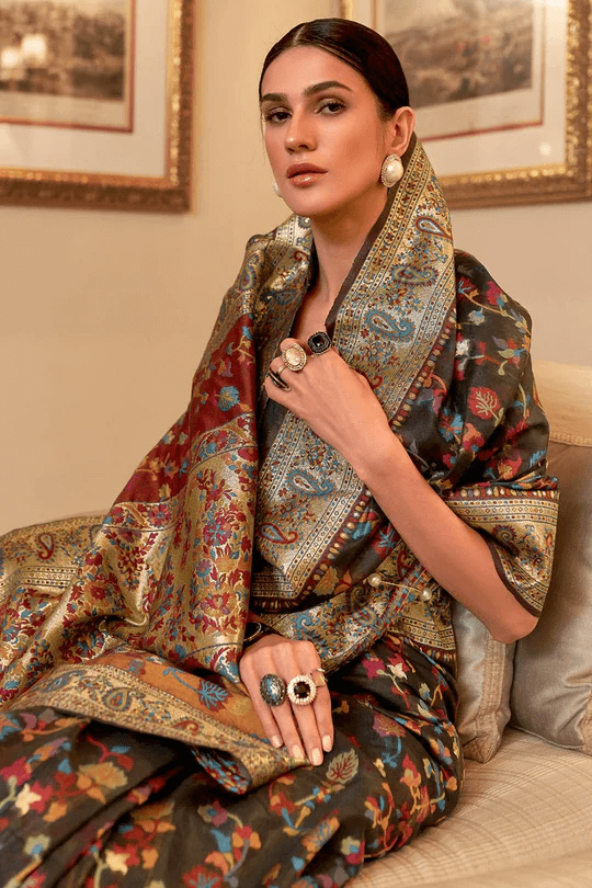 Desuetude Black Pashmina saree With Desultory Blouse Piece