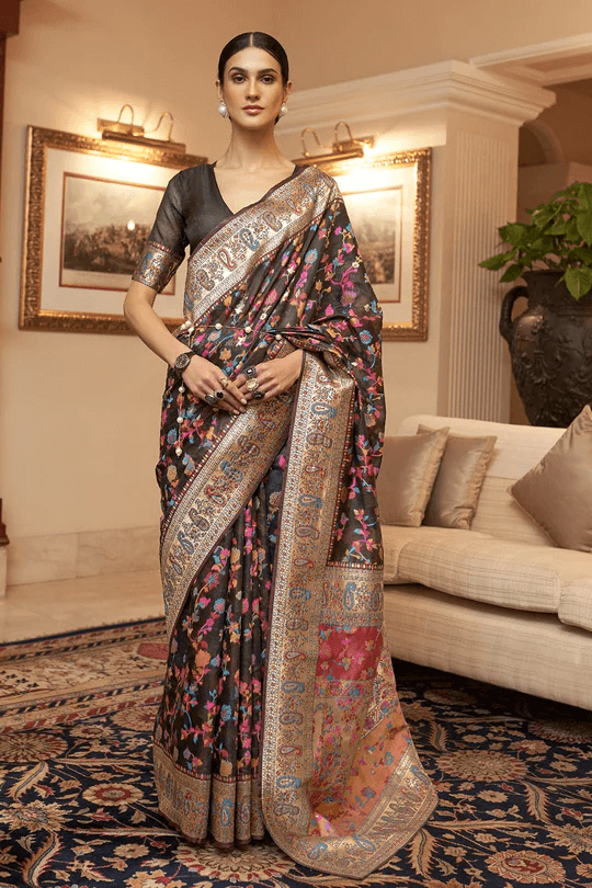 Desuetude Black Pashmina saree With Desultory Blouse Piece
