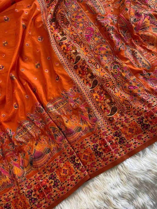 Whimsical Orange Nylon Dola Pashmina Saree With Demesne Blouse Piece